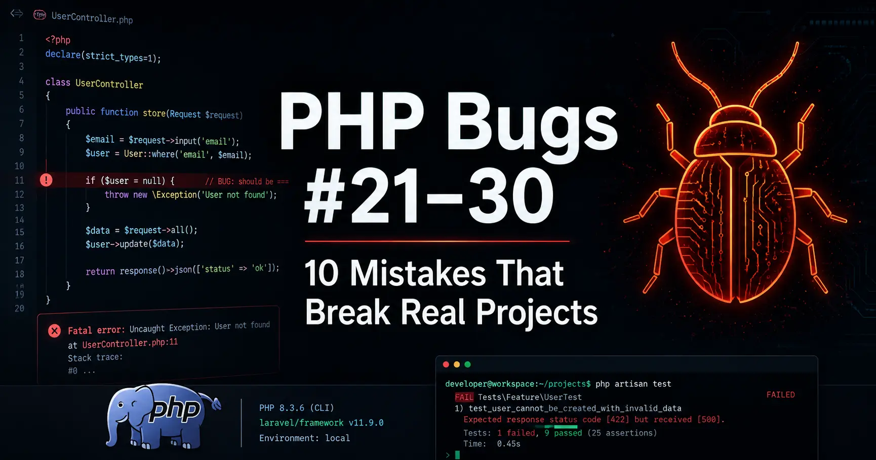 PHP Bugs 21 to 30 - Common PHP Debugging Mistakes Every Backend Developer Must Know Including SQL Injection strlen PDO Errors and File Upload Security in PHP